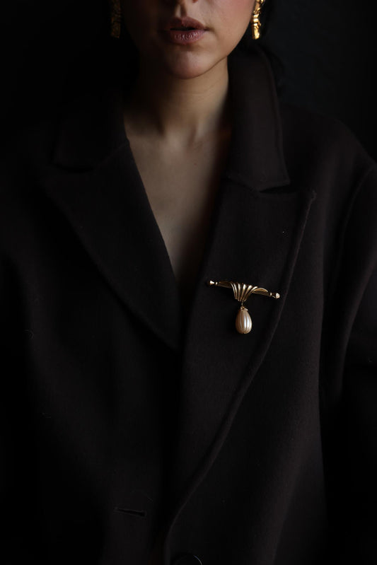 Richelieu Gold-Tone Bar Brooch with Faux Pearl Drop