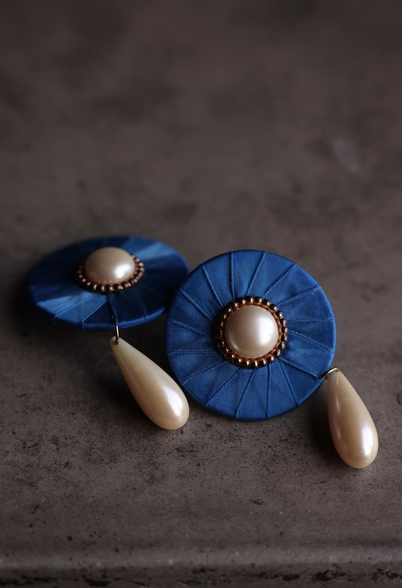 Blue Satin Clip-On Earrings with Faux Pearl Drops