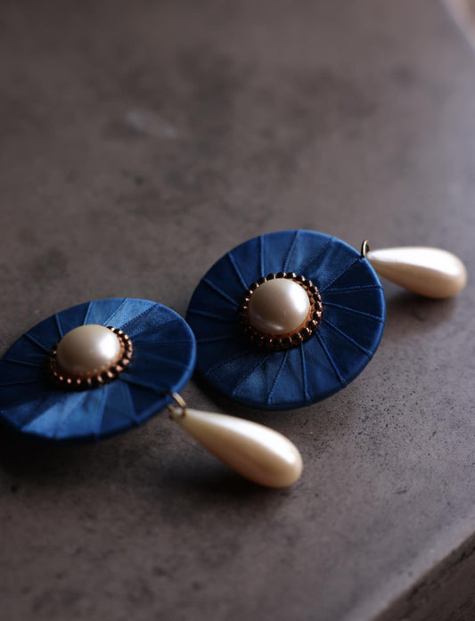 Blue Satin Clip-On Earrings with Faux Pearl Drops
