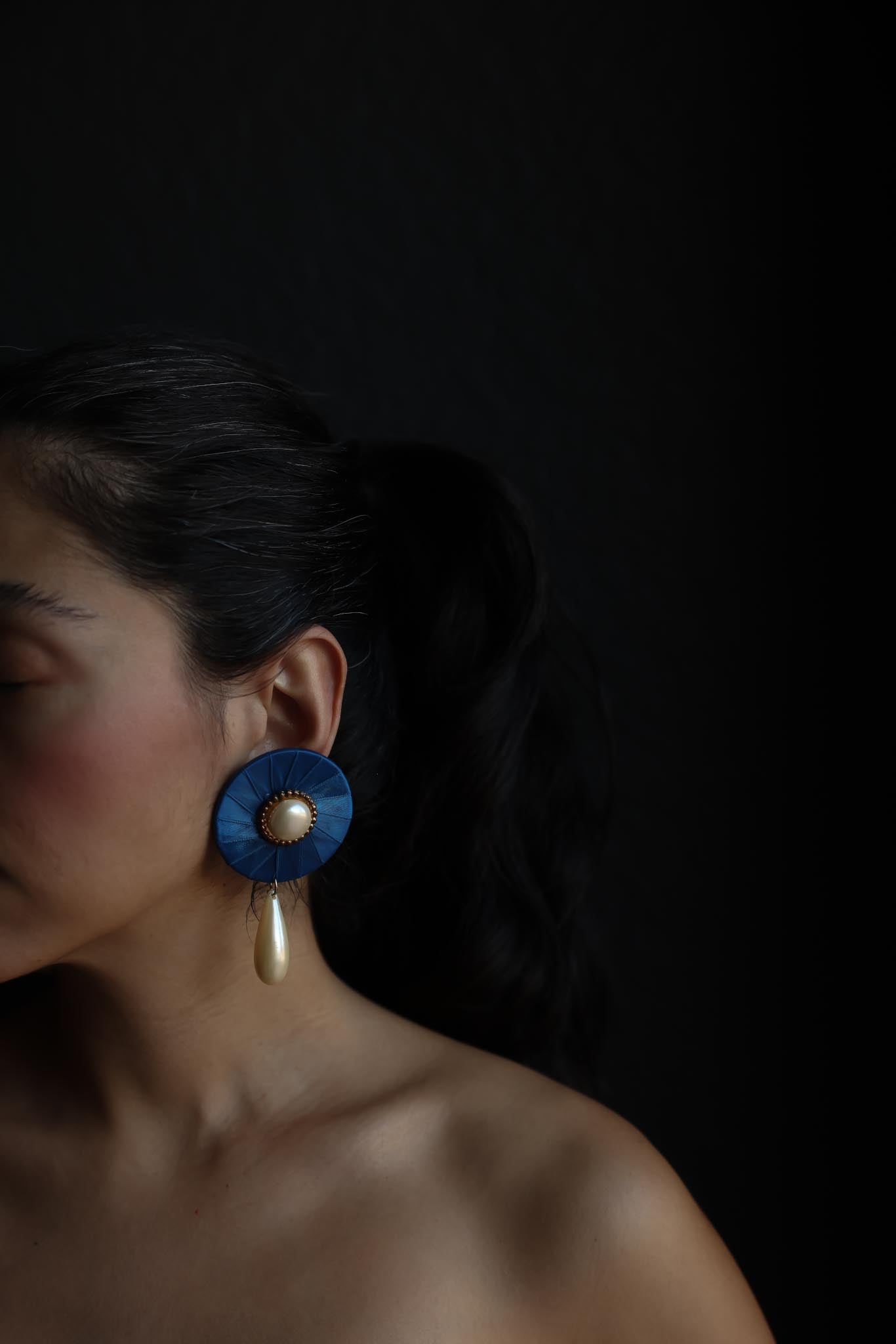 Blue Satin Clip-On Earrings with Faux Pearl Drops