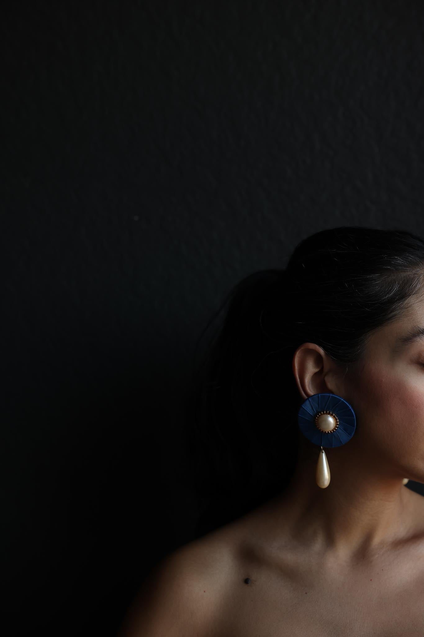 Blue Satin Clip-On Earrings with Faux Pearl Drops