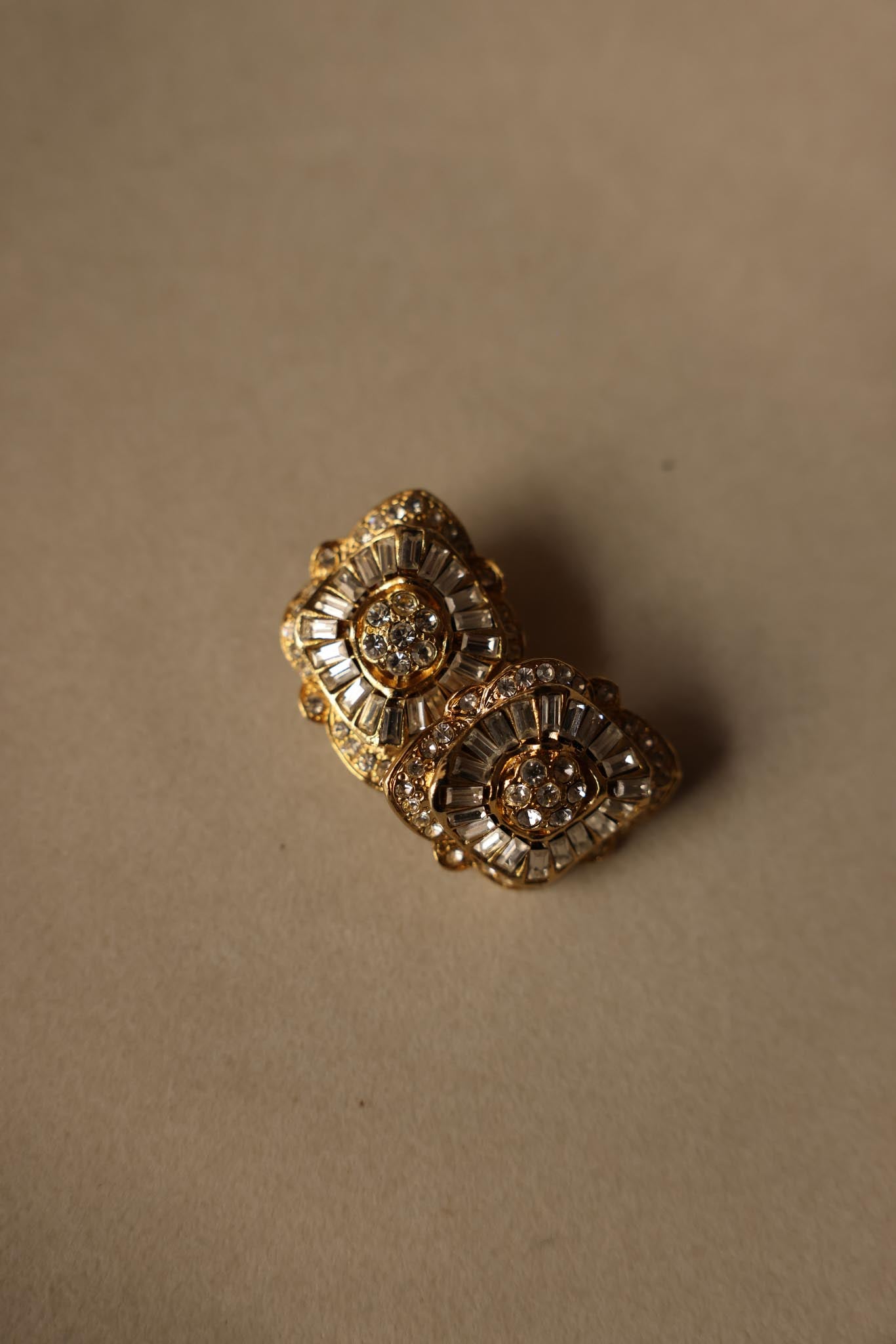 Gold-Tone Clip-On Earrings with Clear Crystals - 1970s|Vintage Baazaar 