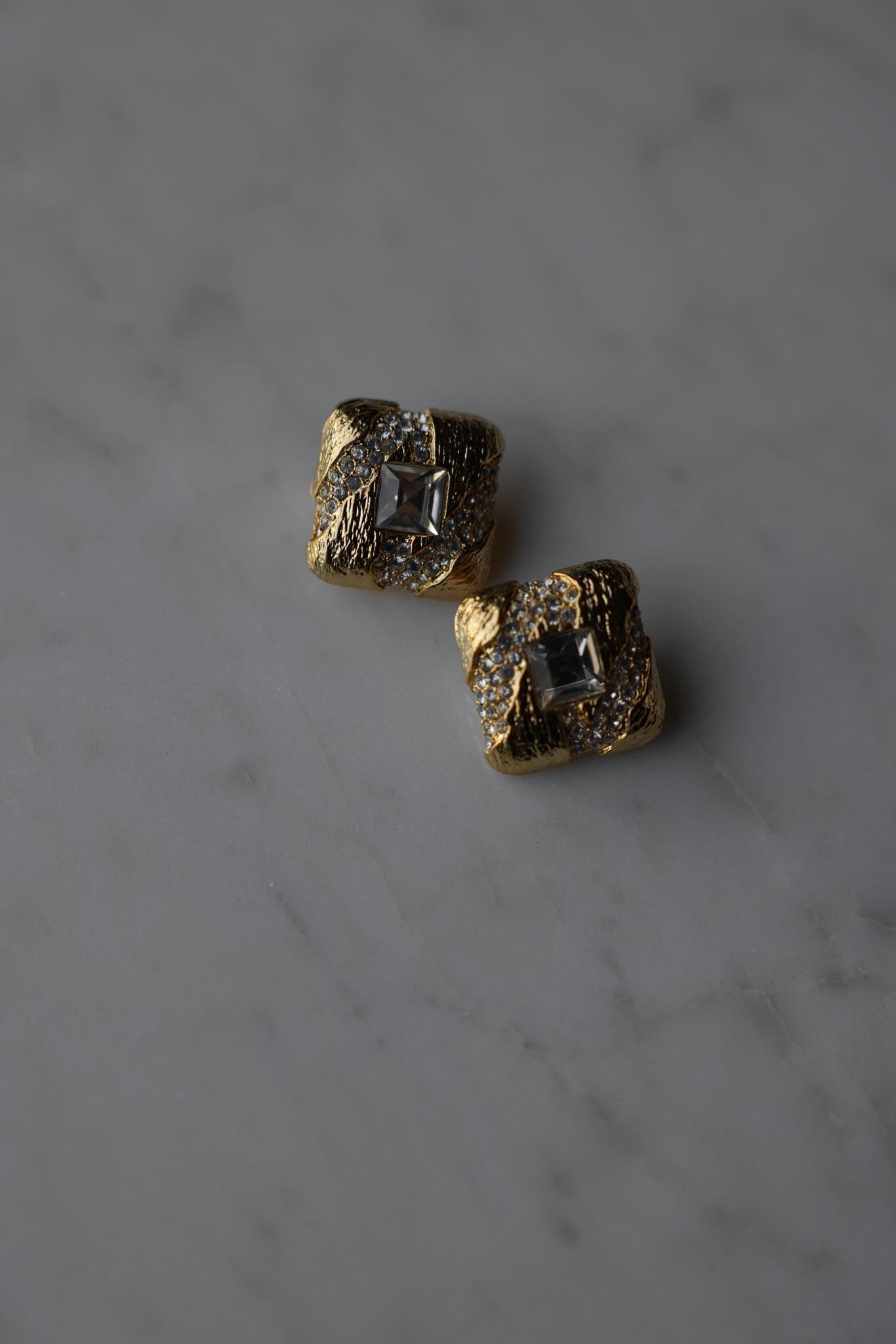 Square Textured Gold Rhinestone Clip-On Earrings|Vintage Baazaar 