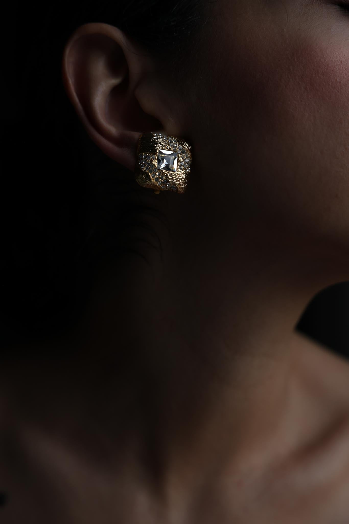 Square Textured Gold Rhinestone Clip-On Earrings|Vintage Baazaar 