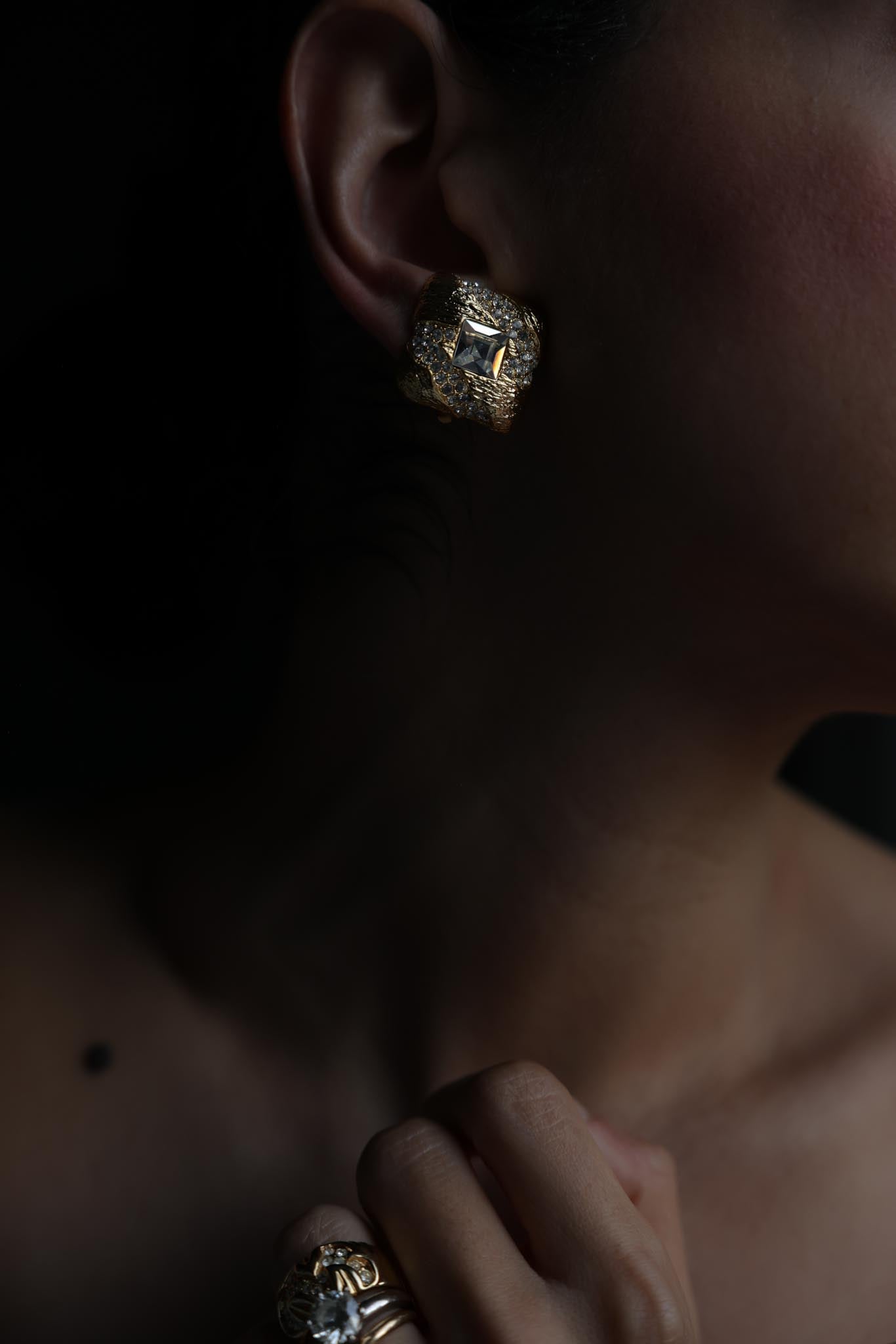 Square Textured Gold Rhinestone Clip-On Earrings|Vintage Baazaar 