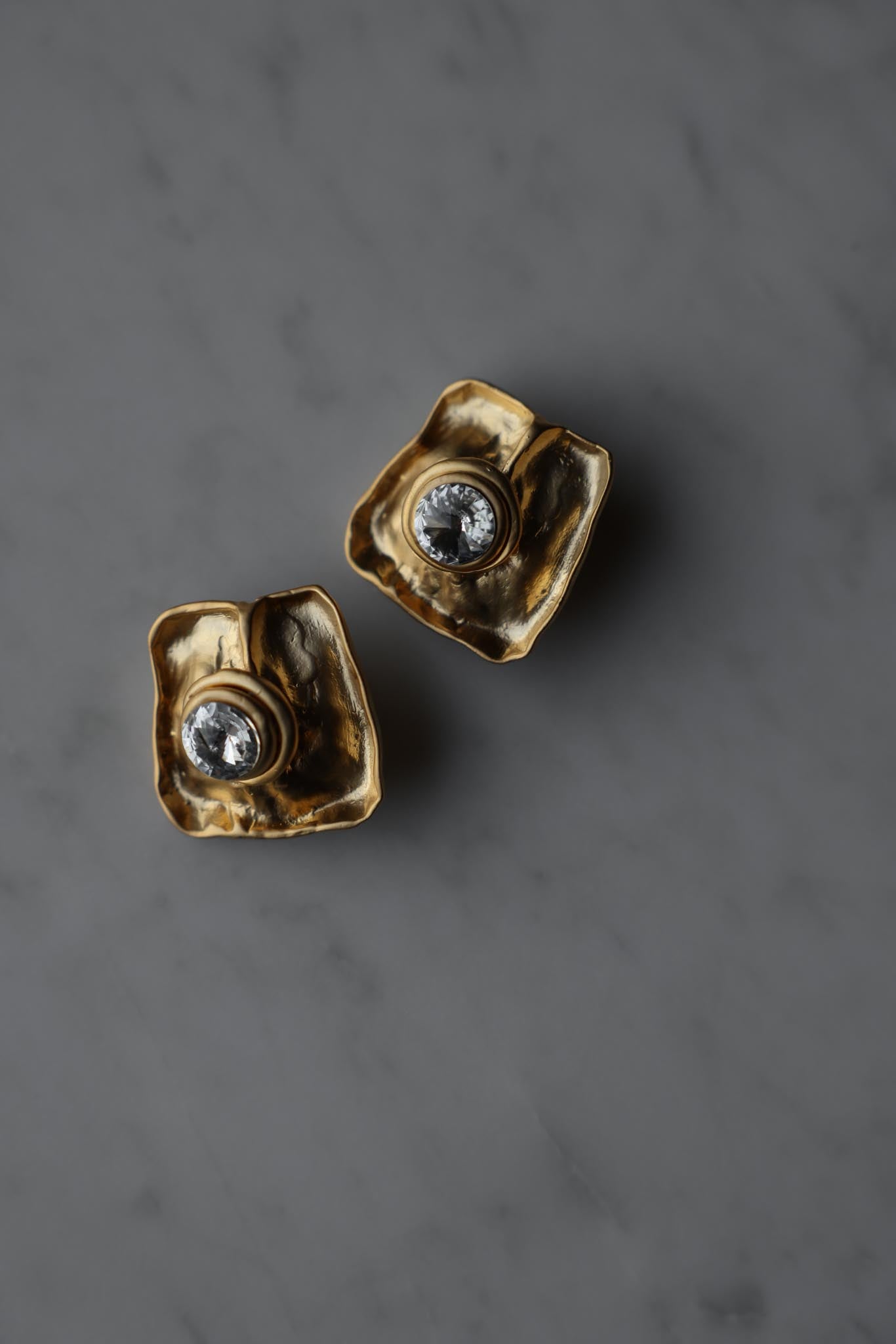 Sculptural Matte Gold Rhinestone Clip-On Earrings|Vintage Baazaar 