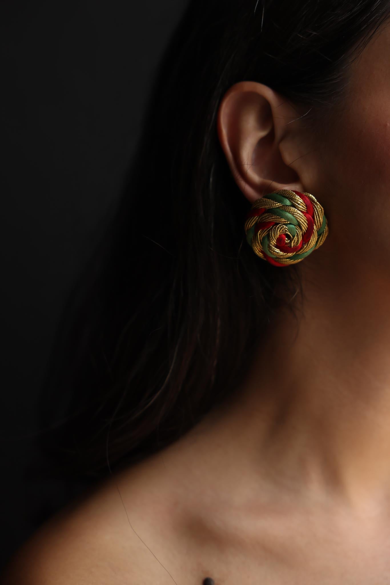 Braided Rope Knot Clip-On Earrings (Green & Red)