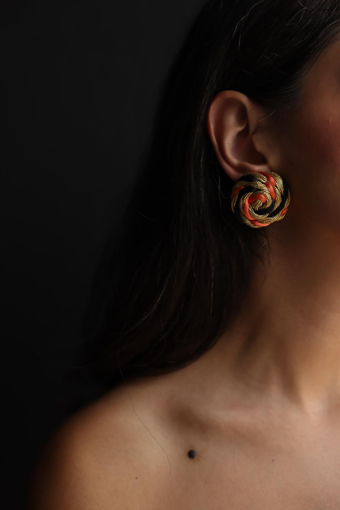 Braided Rope Knot Clip-On Earrings (Orange & Black)