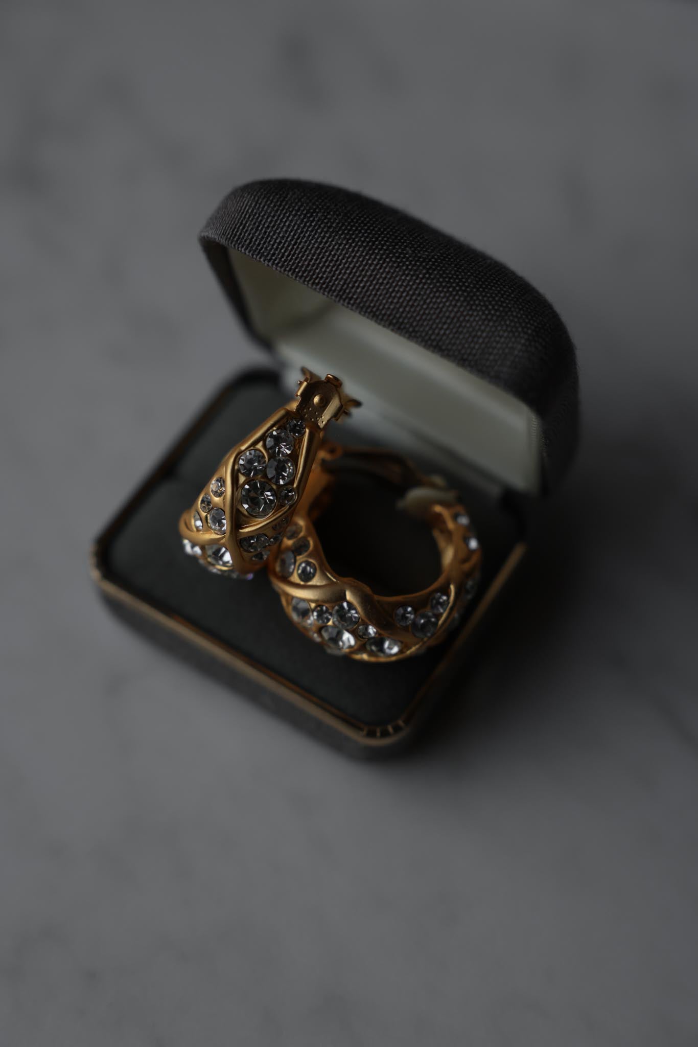 Matte Gold Rhinestone Half Moon Hoop Clip-On Earrings|Vintage Baazaar 
