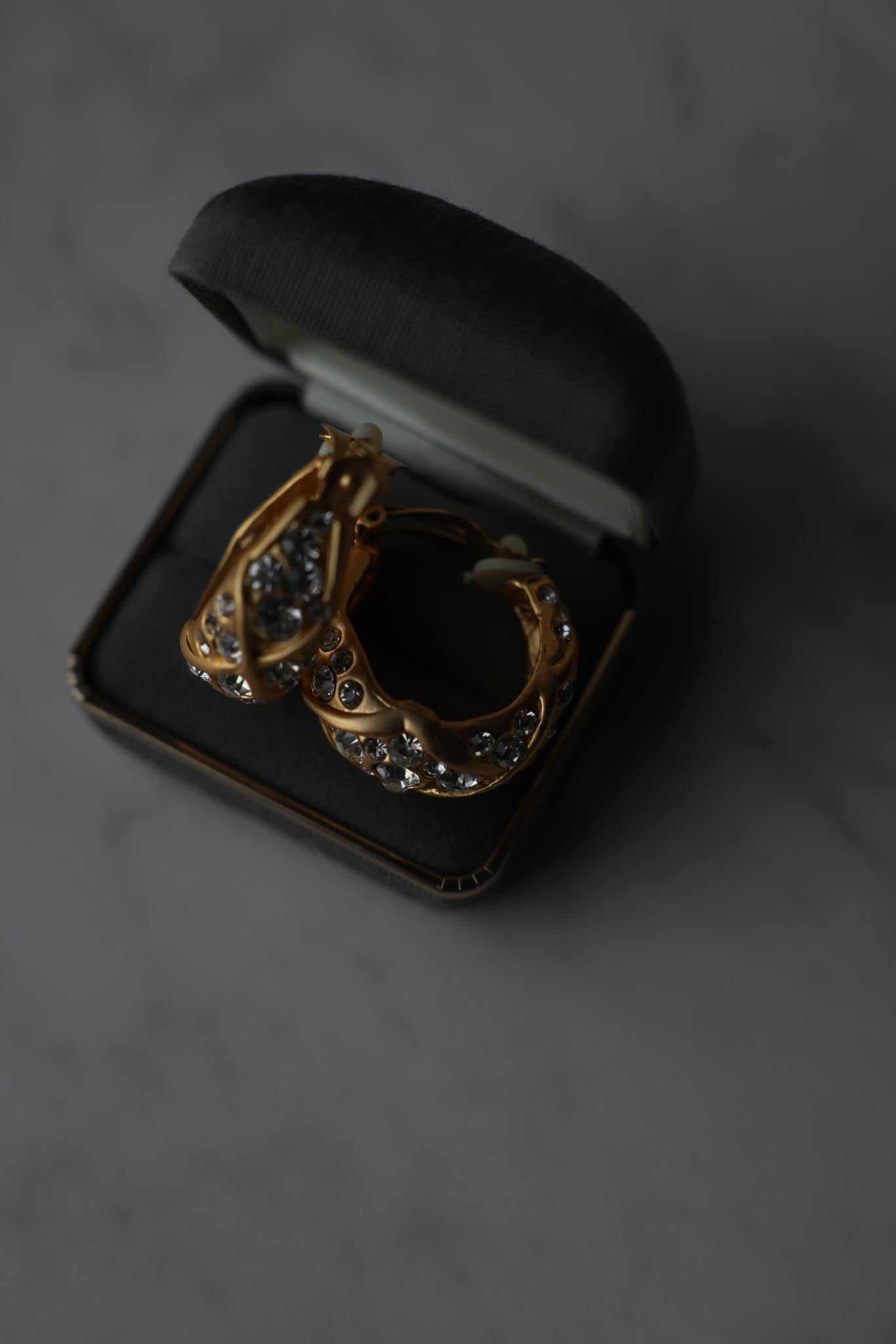 Matte Gold Rhinestone Half Moon Hoop Clip-On Earrings|Vintage Baazaar 
