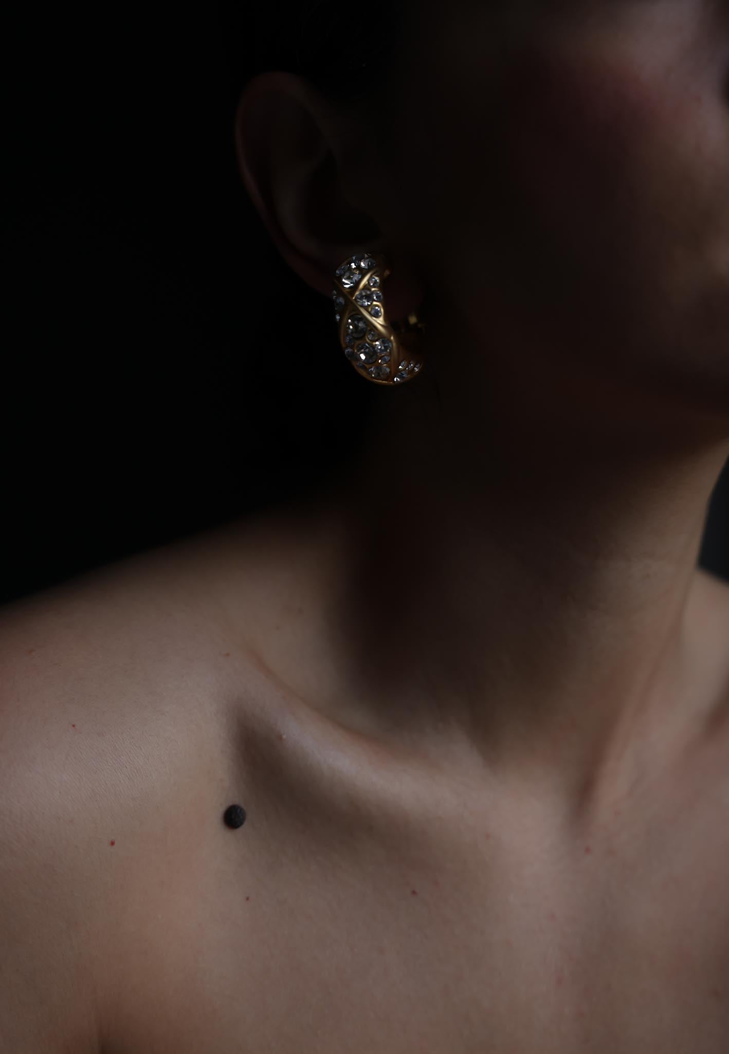 Matte Gold Rhinestone Half Moon Hoop Clip-On Earrings|Vintage Baazaar 