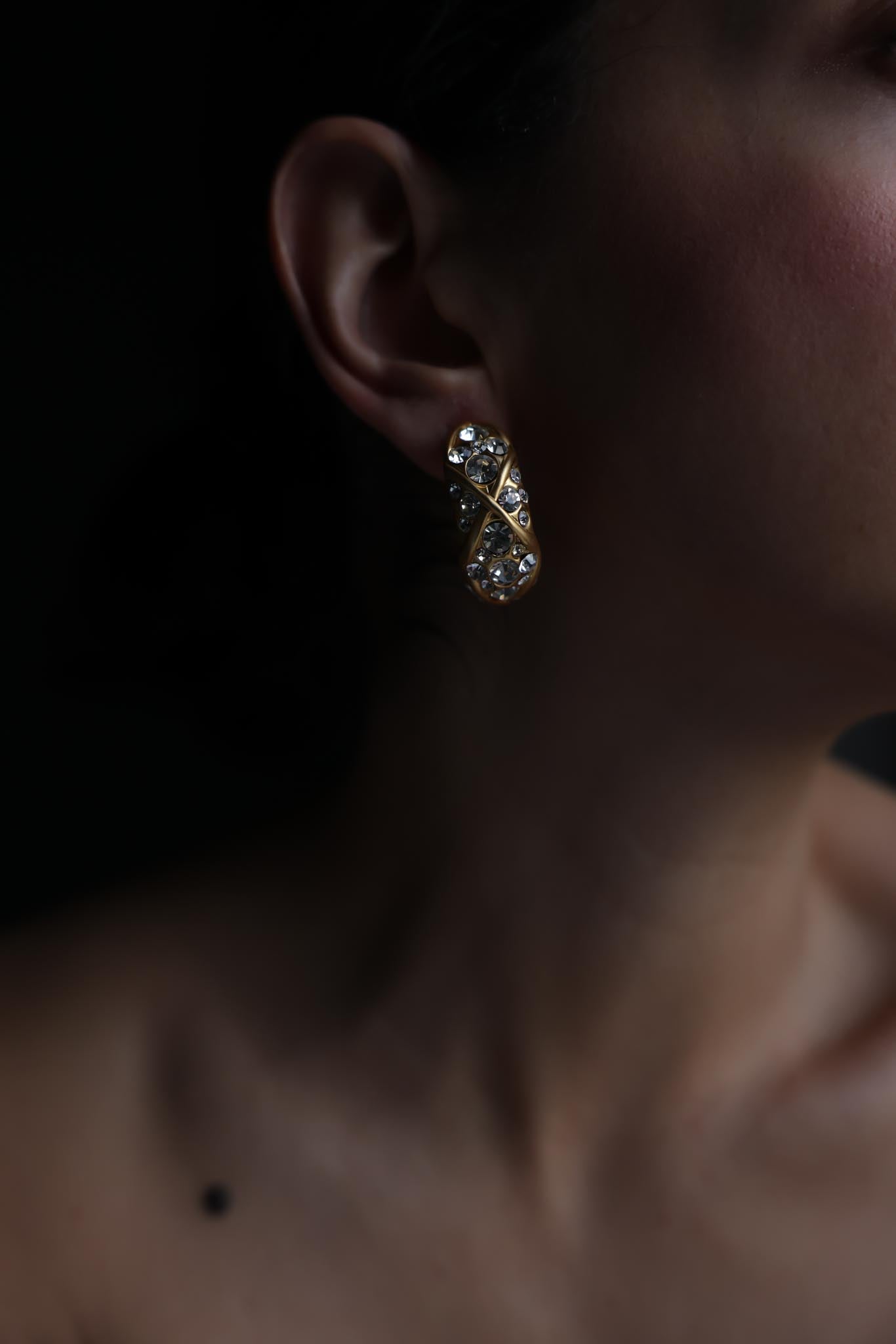 Matte Gold Rhinestone Half Moon Hoop Clip-On Earrings|Vintage Baazaar 
