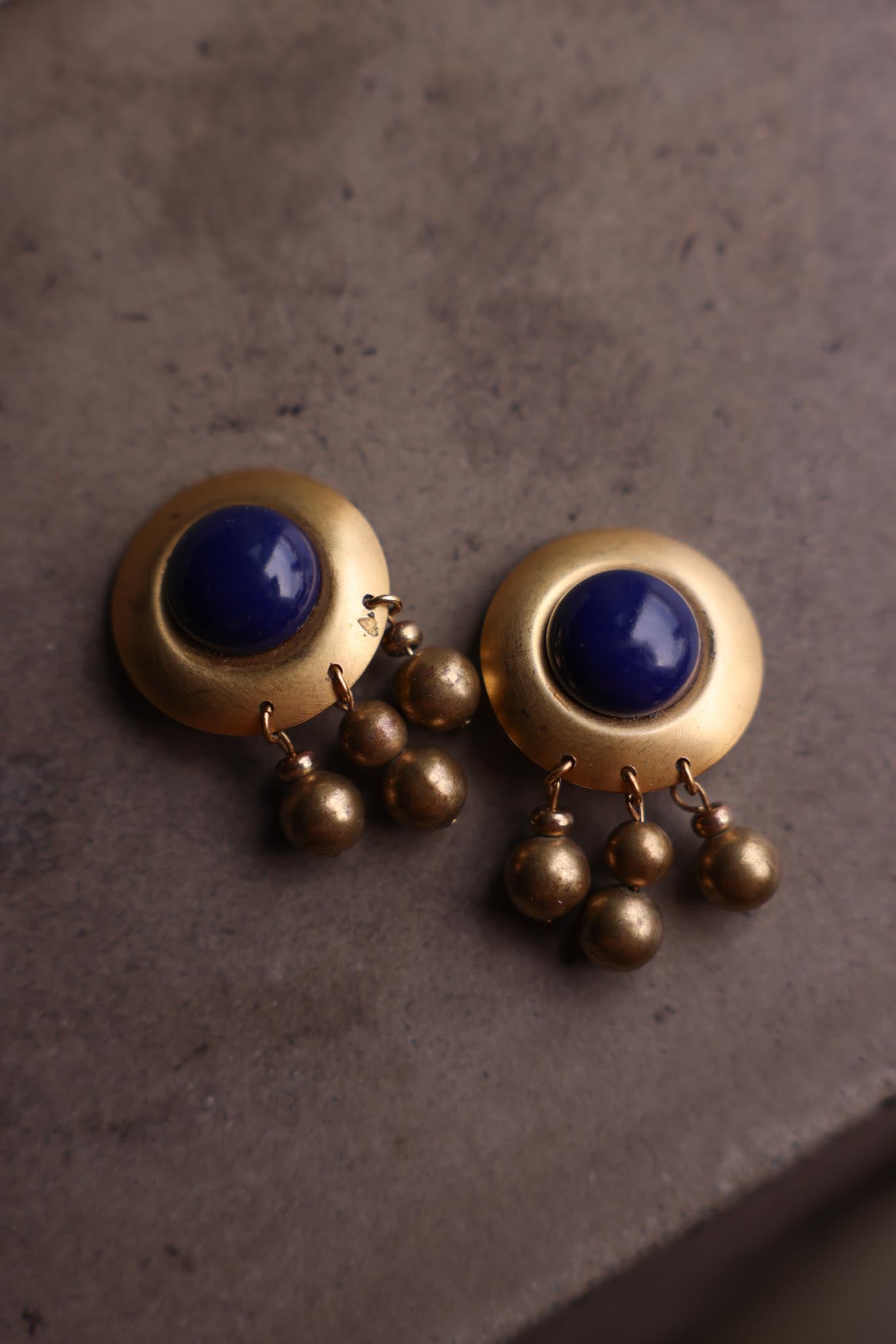 Brass & Navy Dangle Clip-On Earrings (1980s)