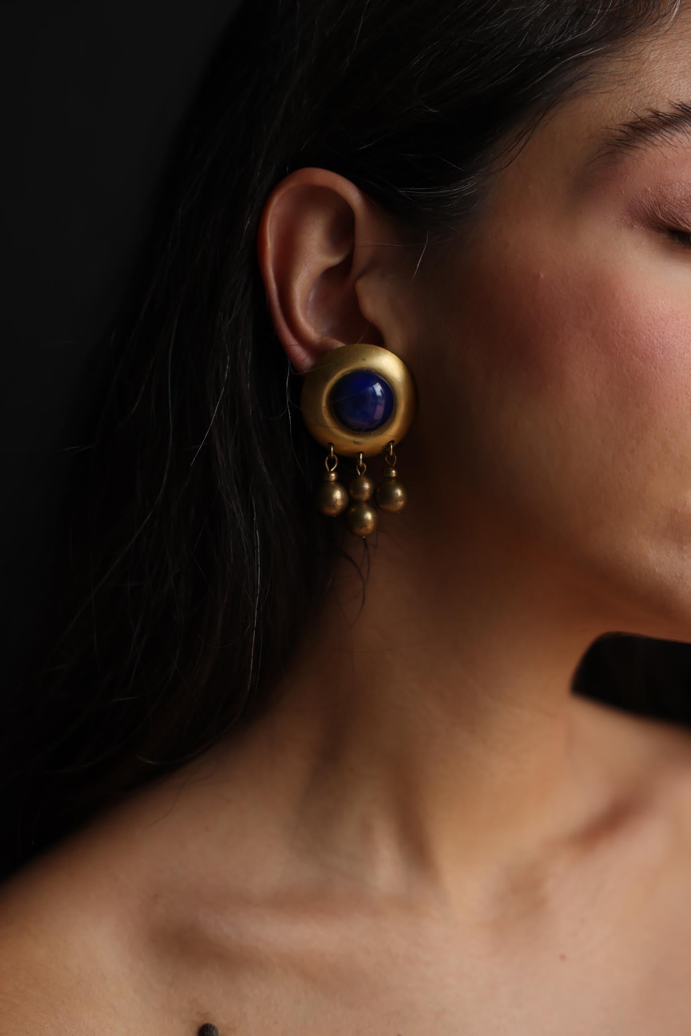 Brass & Navy Dangle Clip-On Earrings (1980s)