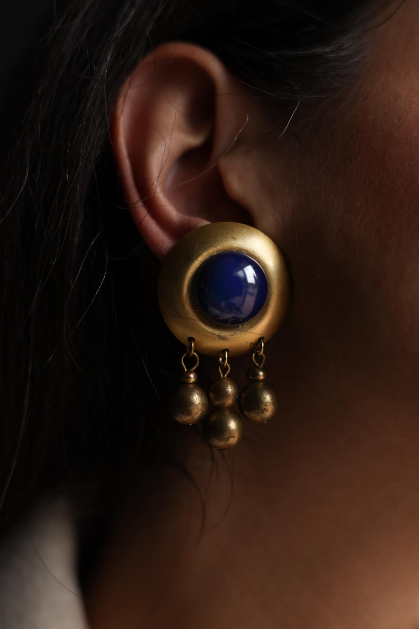 Brass & Navy Dangle Clip-On Earrings (1980s)