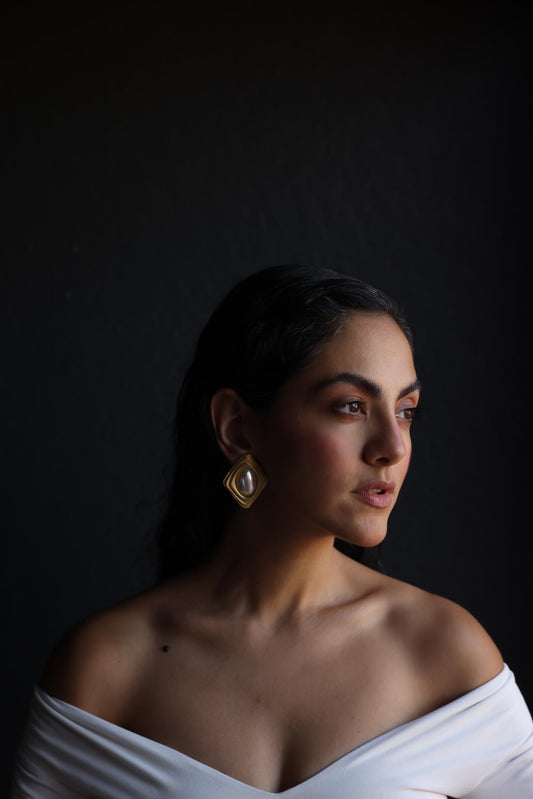 Geometric Ripple Clip-On Earrings with Faux Pearls|Vintage Baazaar 