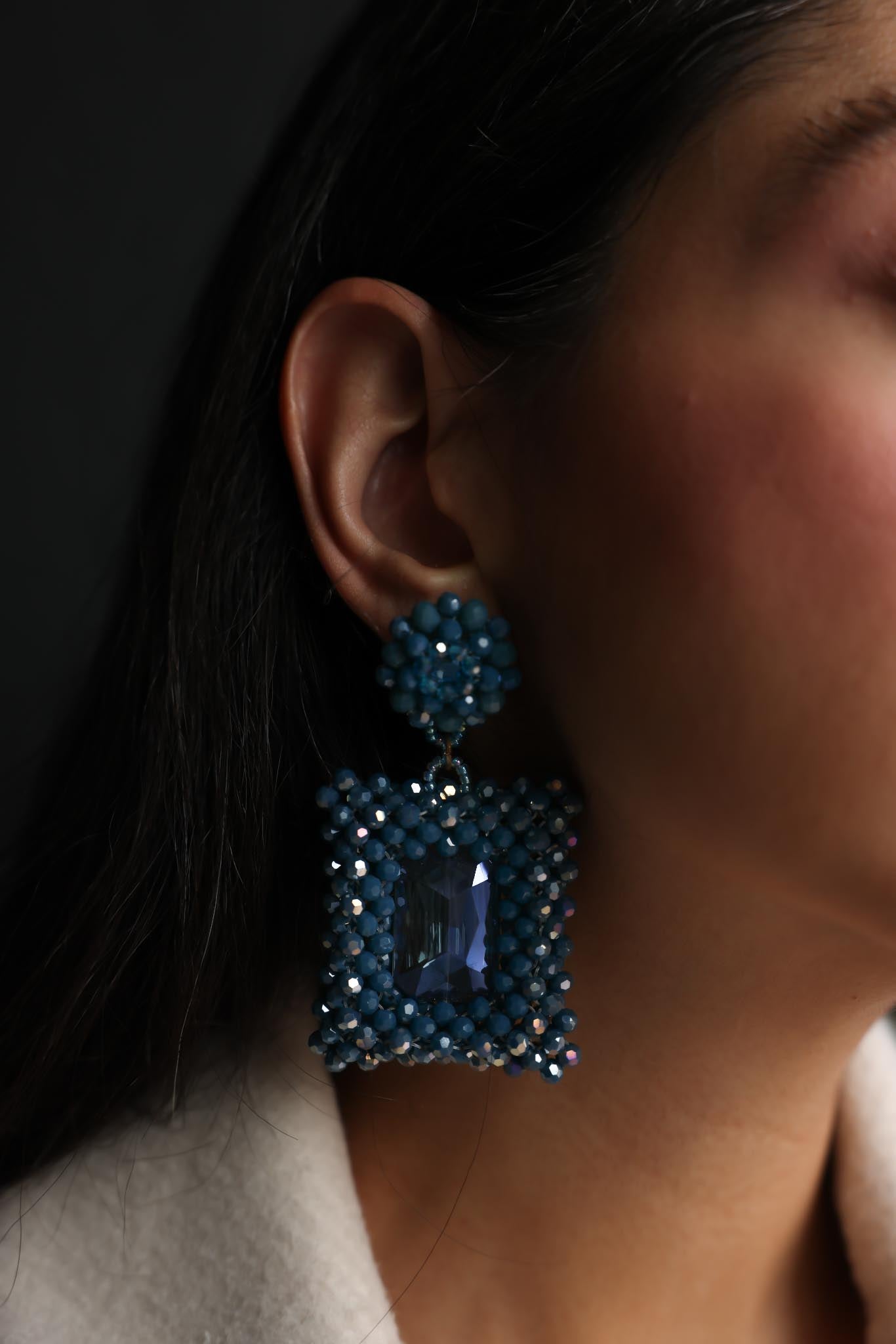 Azure Crystal Beaded Statement Earrings (Clip-On)