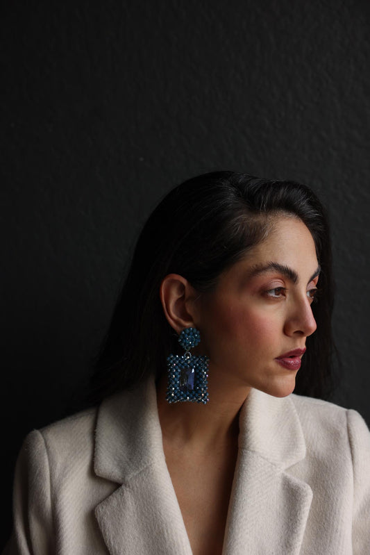 Azure Crystal Beaded Statement Earrings (Clip-On)
