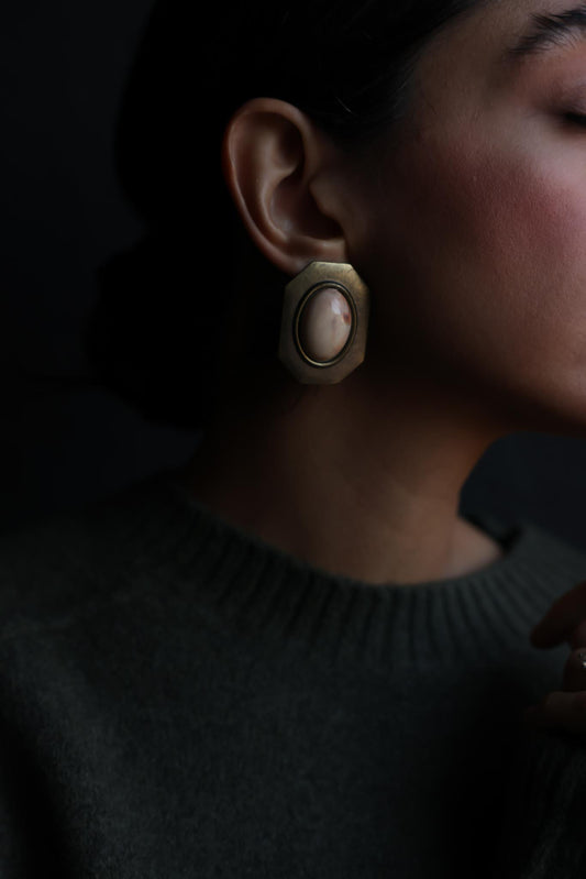 Brass & Marbled Stone Pierced Earrings|Vintage Baazaar 