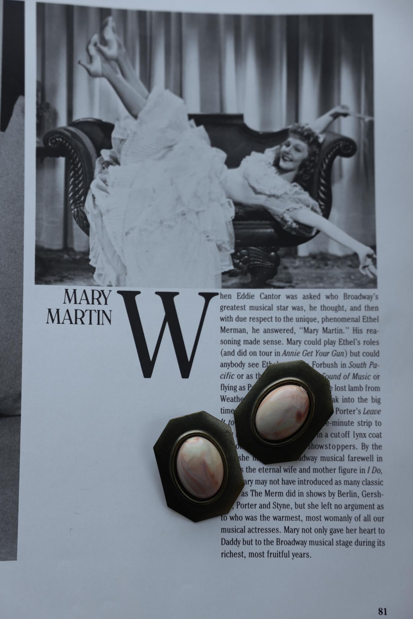 Brass & Marbled Stone Pierced Earrings|Vintage Baazaar 