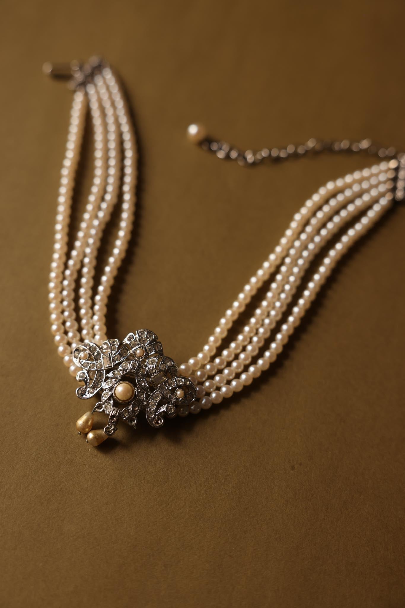 Grazino Pearl and Rhinestone Filigree Choker|Vintage Baazaar 
