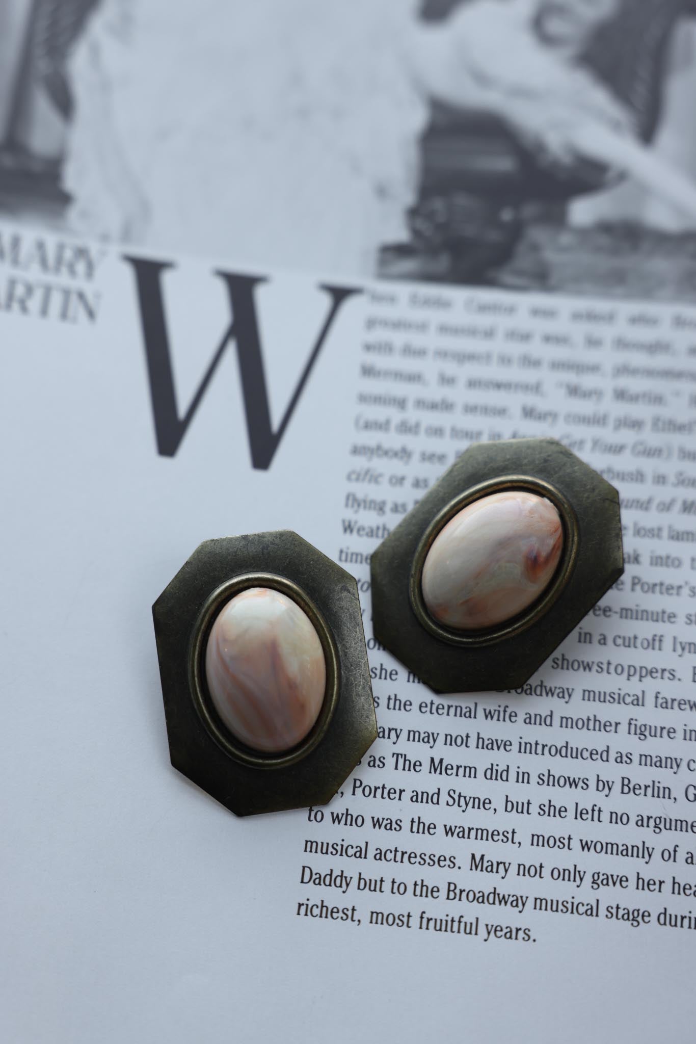 Brass & Marbled Stone Pierced Earrings|Vintage Baazaar 