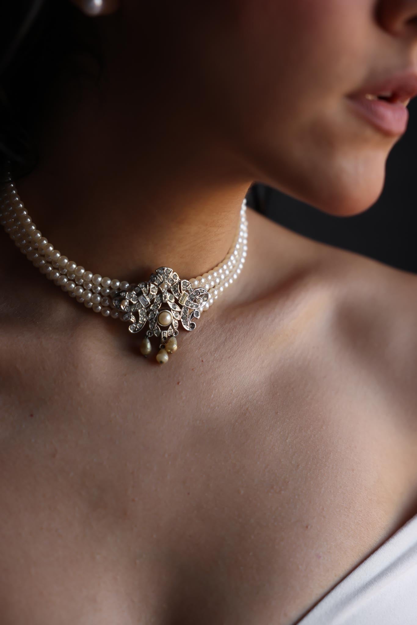 Grazino Pearl and Rhinestone Filigree Choker|Vintage Baazaar 
