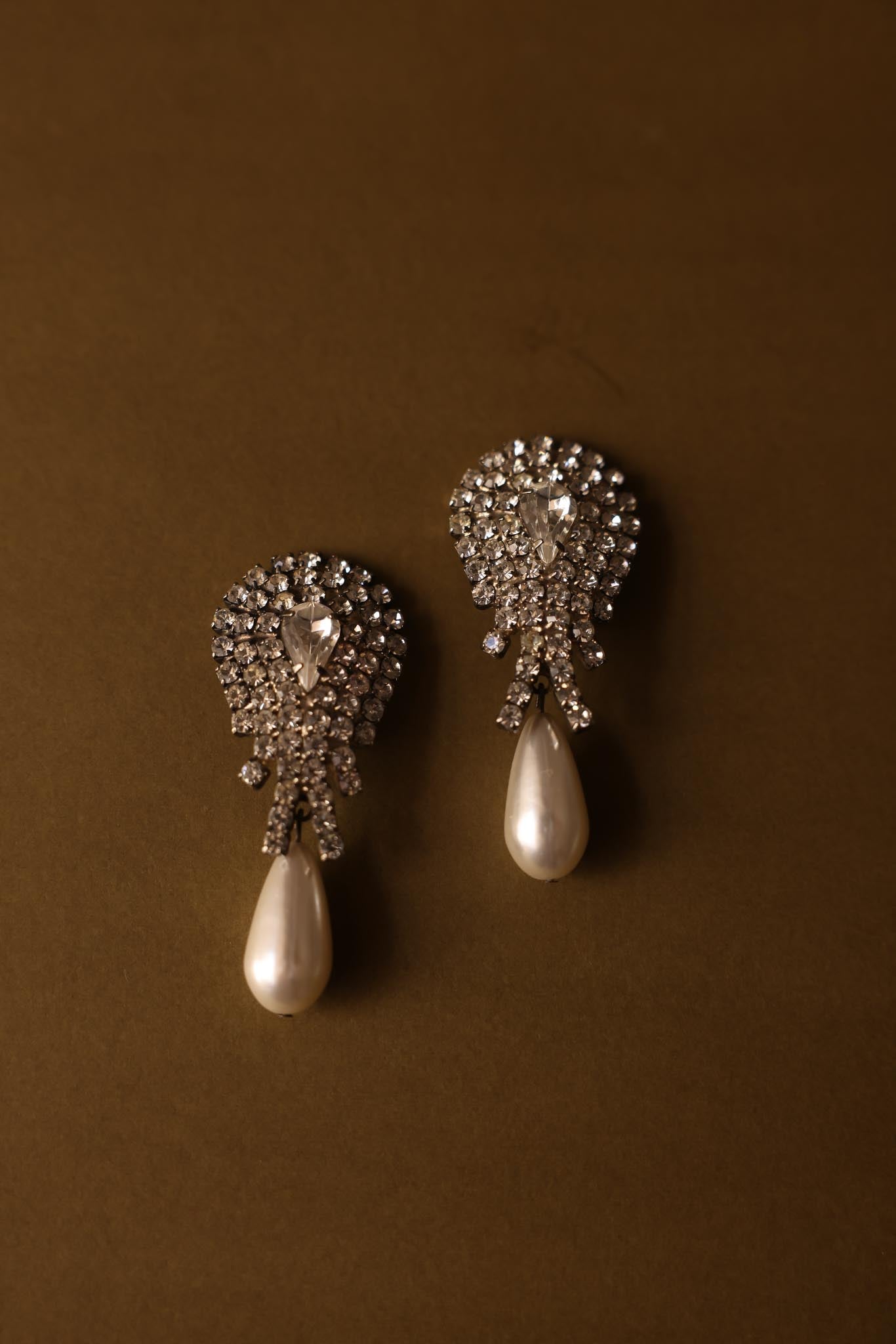 Rhinestone Waterfall Clip-On Earrings with Teardrop Faux Pearls|Vintage Baazaar 