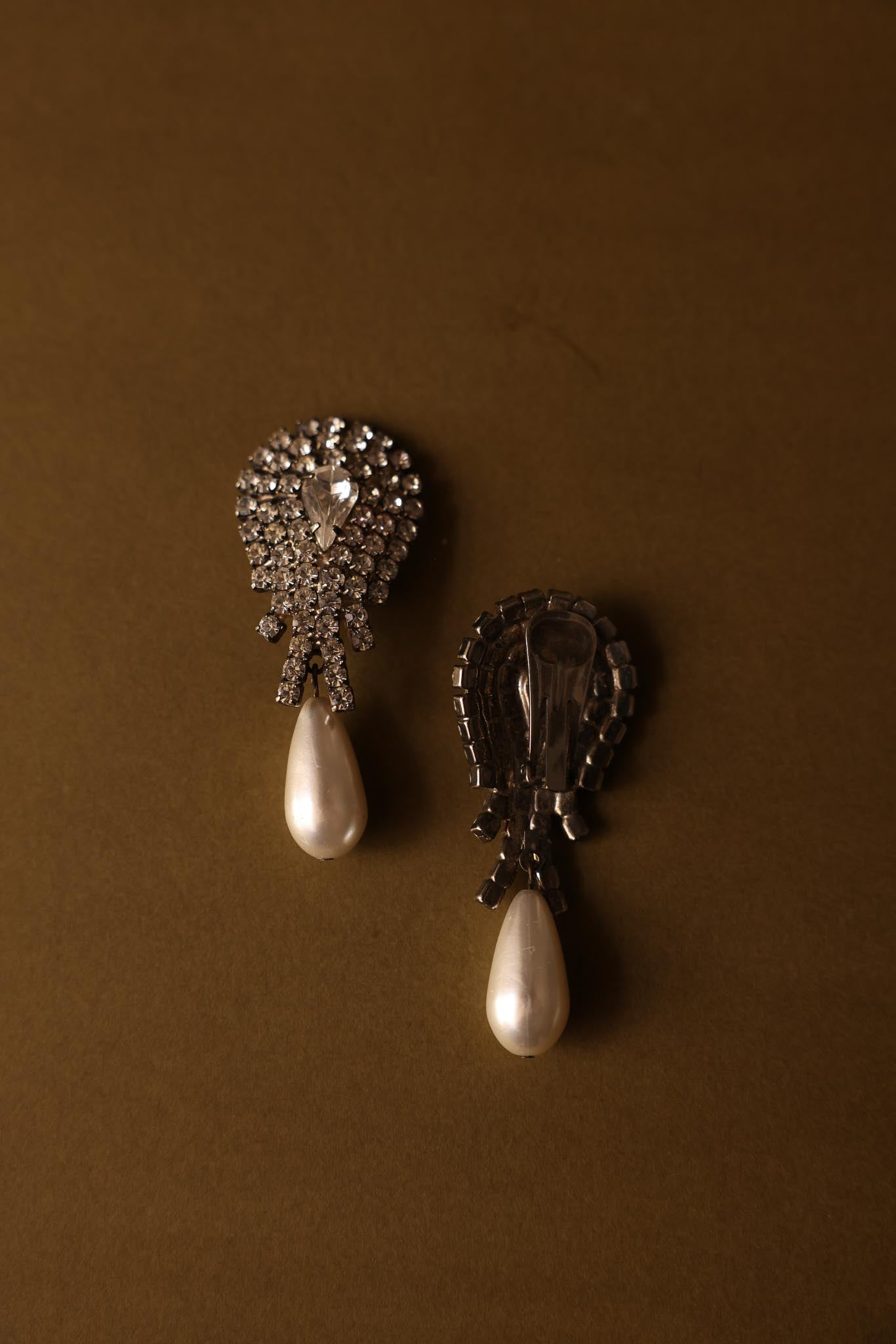 Rhinestone Waterfall Clip-On Earrings with Teardrop Faux Pearls|Vintage Baazaar 
