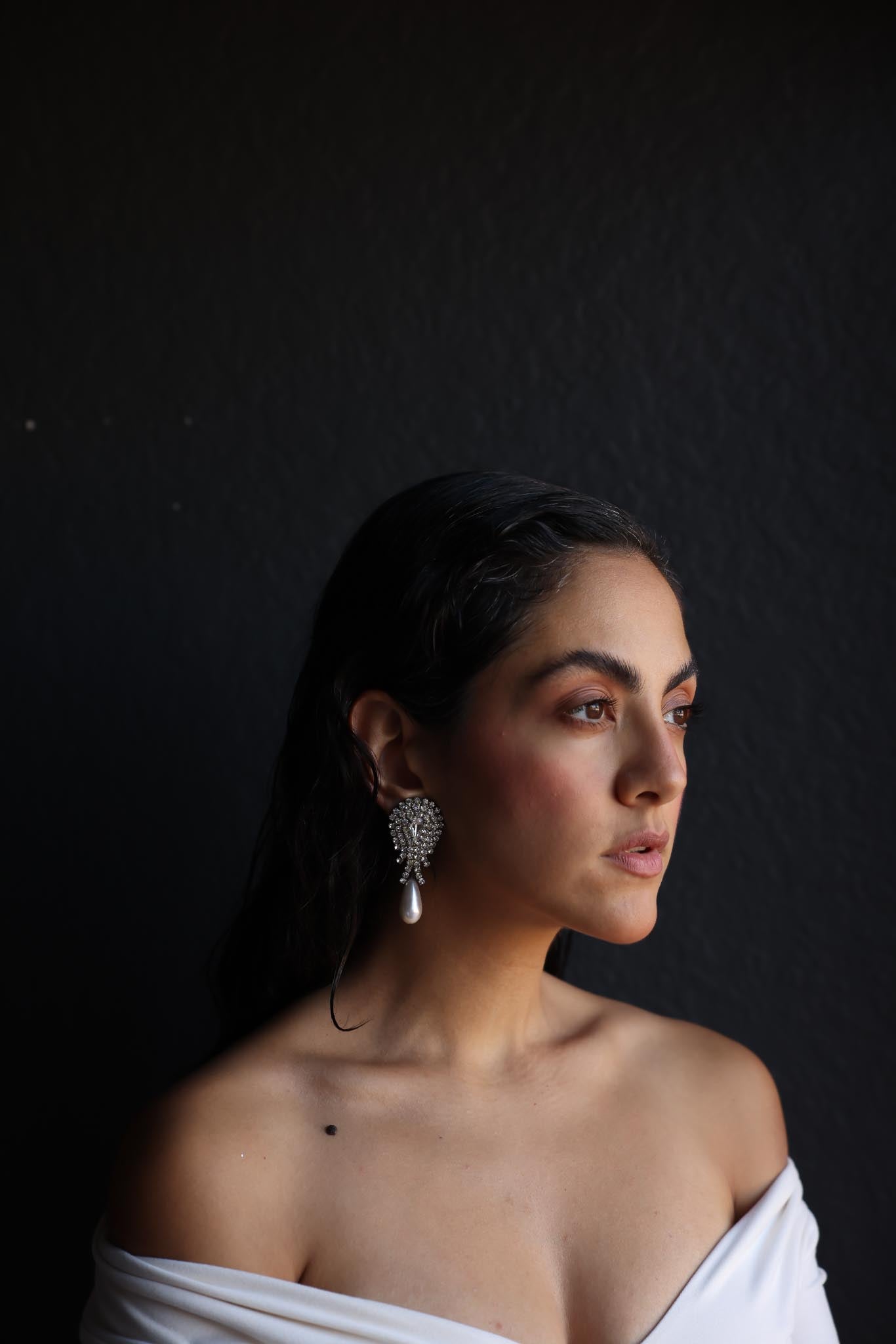 Rhinestone Waterfall Clip-On Earrings with Teardrop Faux Pearls|Vintage Baazaar 