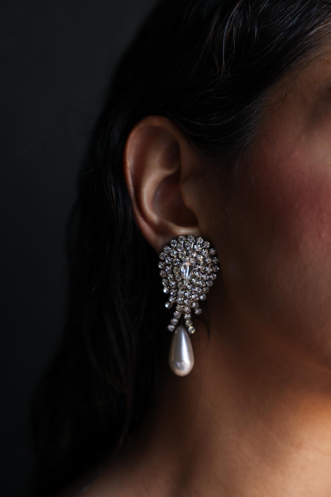 Rhinestone Waterfall Clip-On Earrings with Teardrop Faux Pearls|Vintage Baazaar 