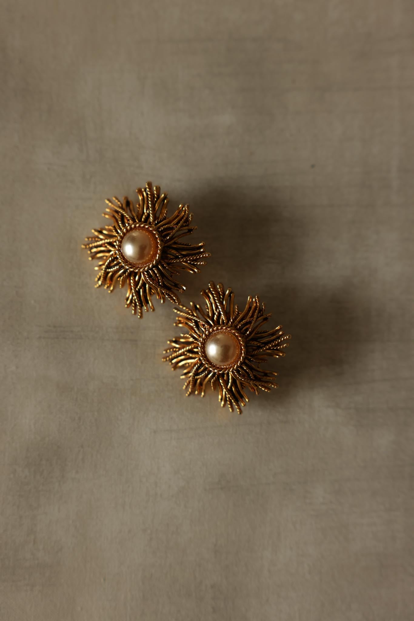 Golden Sunburst Pearl Clip-On Earrings
