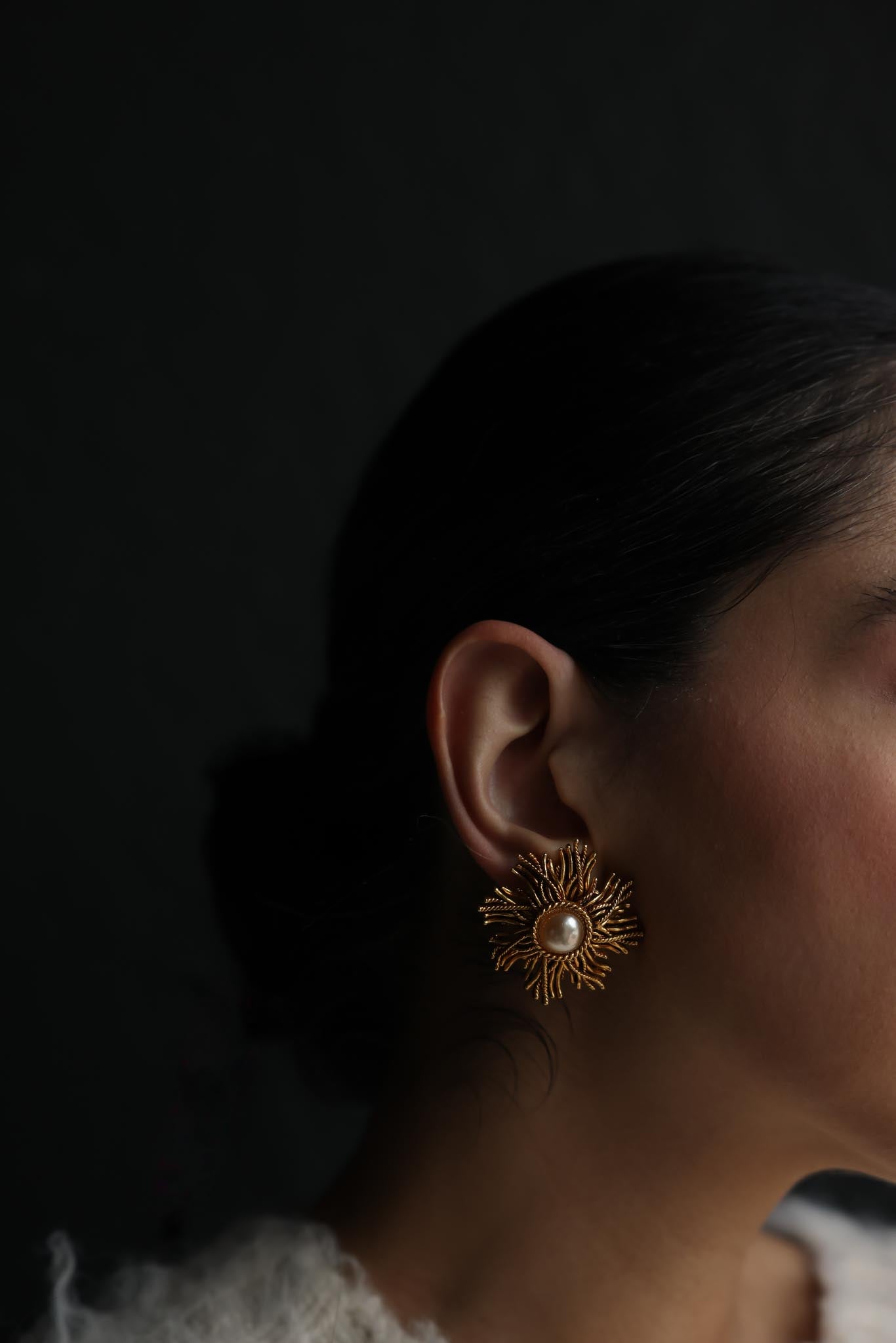 Golden Sunburst Pearl Clip-On Earrings