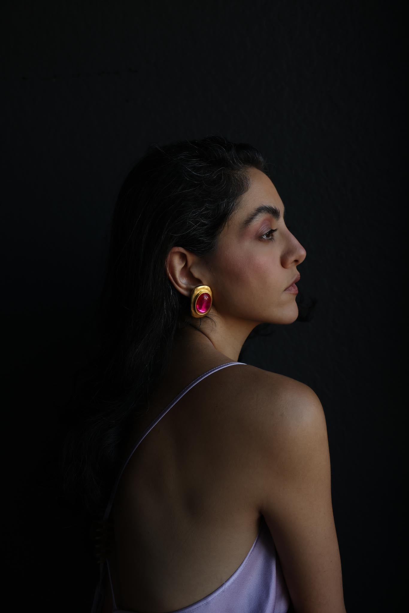 Matte Gold Pink Cabochon Clip-On Earrings