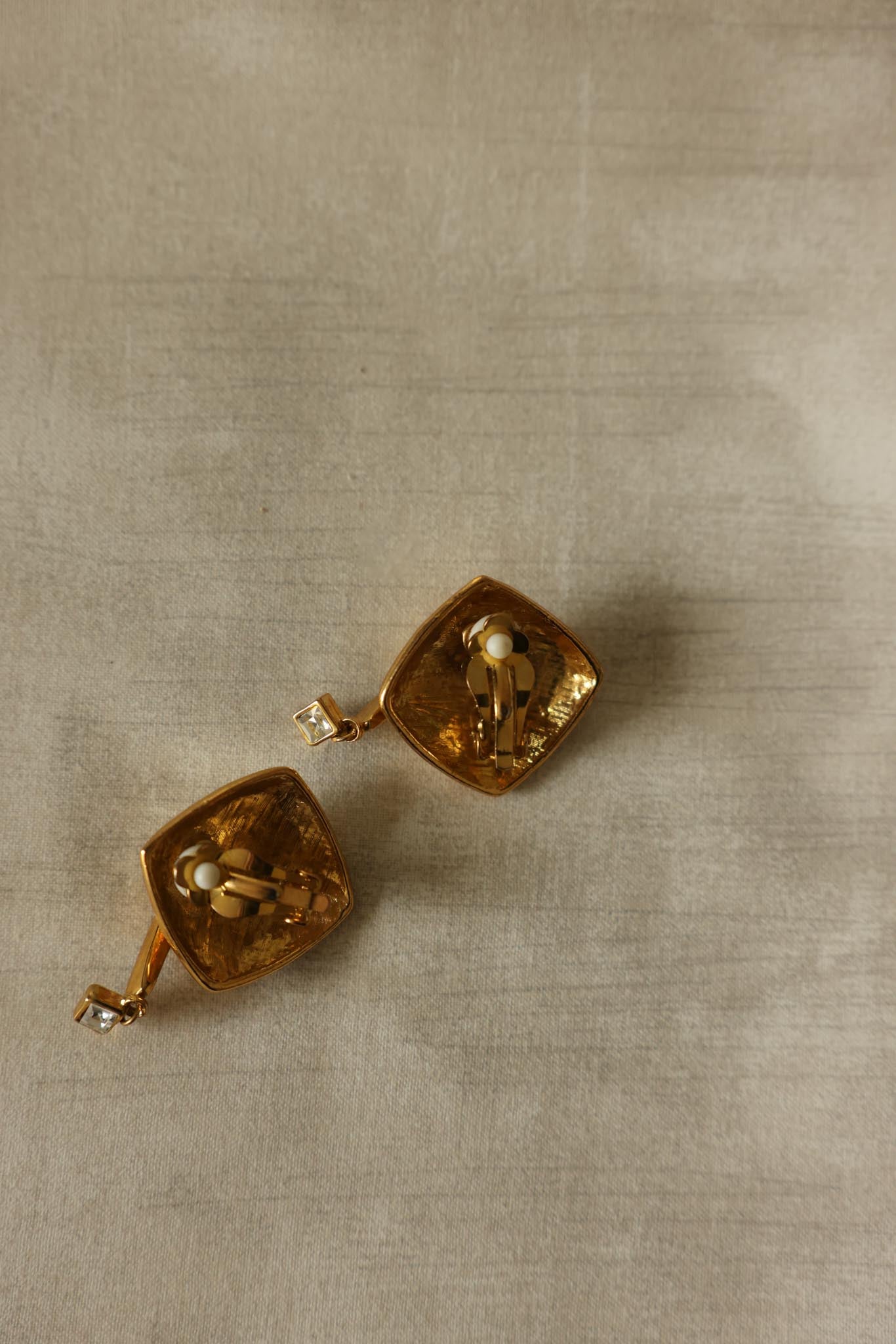 Gold-Tone Drop Clip-On Earrings with Rhinestone Accent-1960s