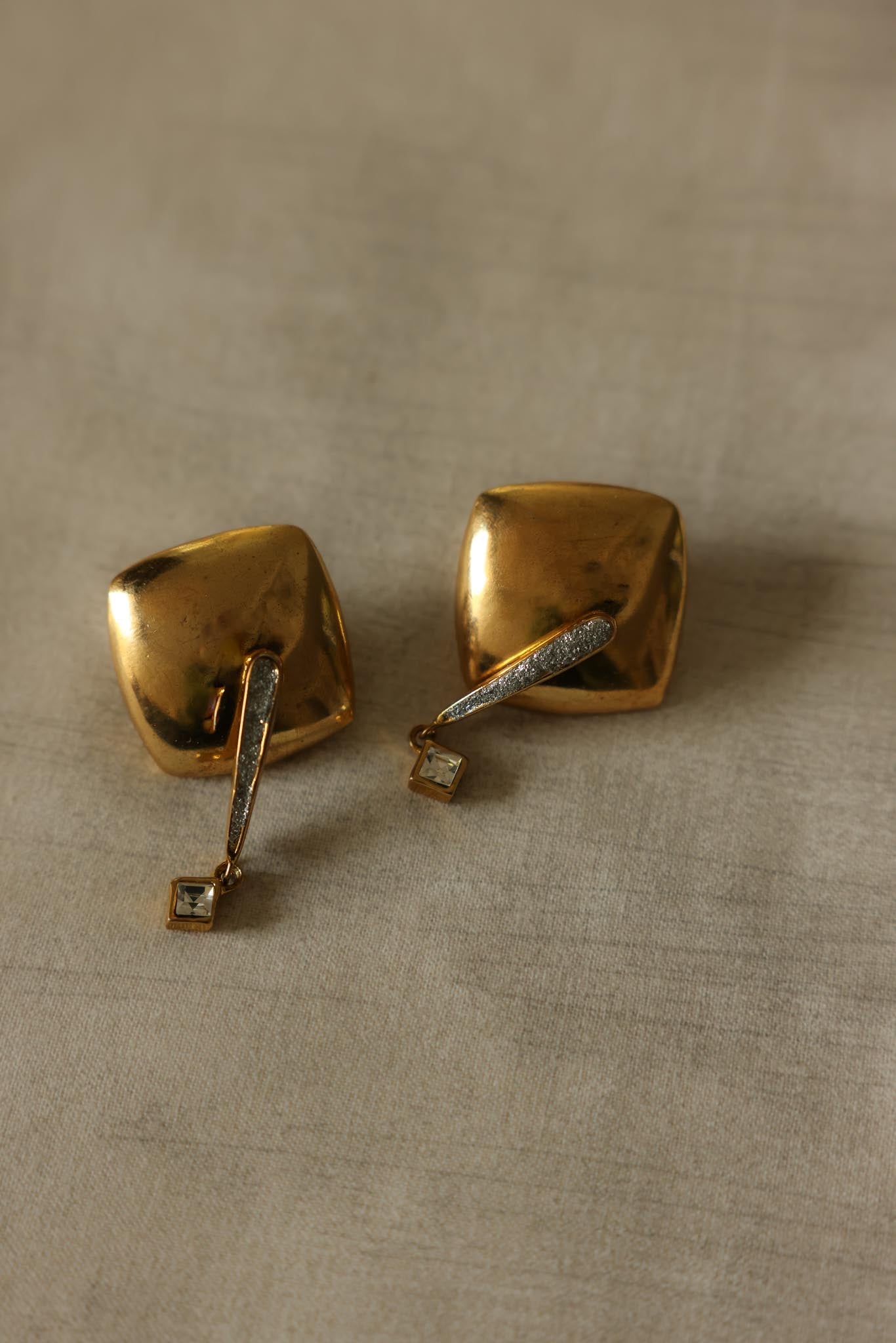 Gold-Tone Drop Clip-On Earrings with Rhinestone Accent-1960s