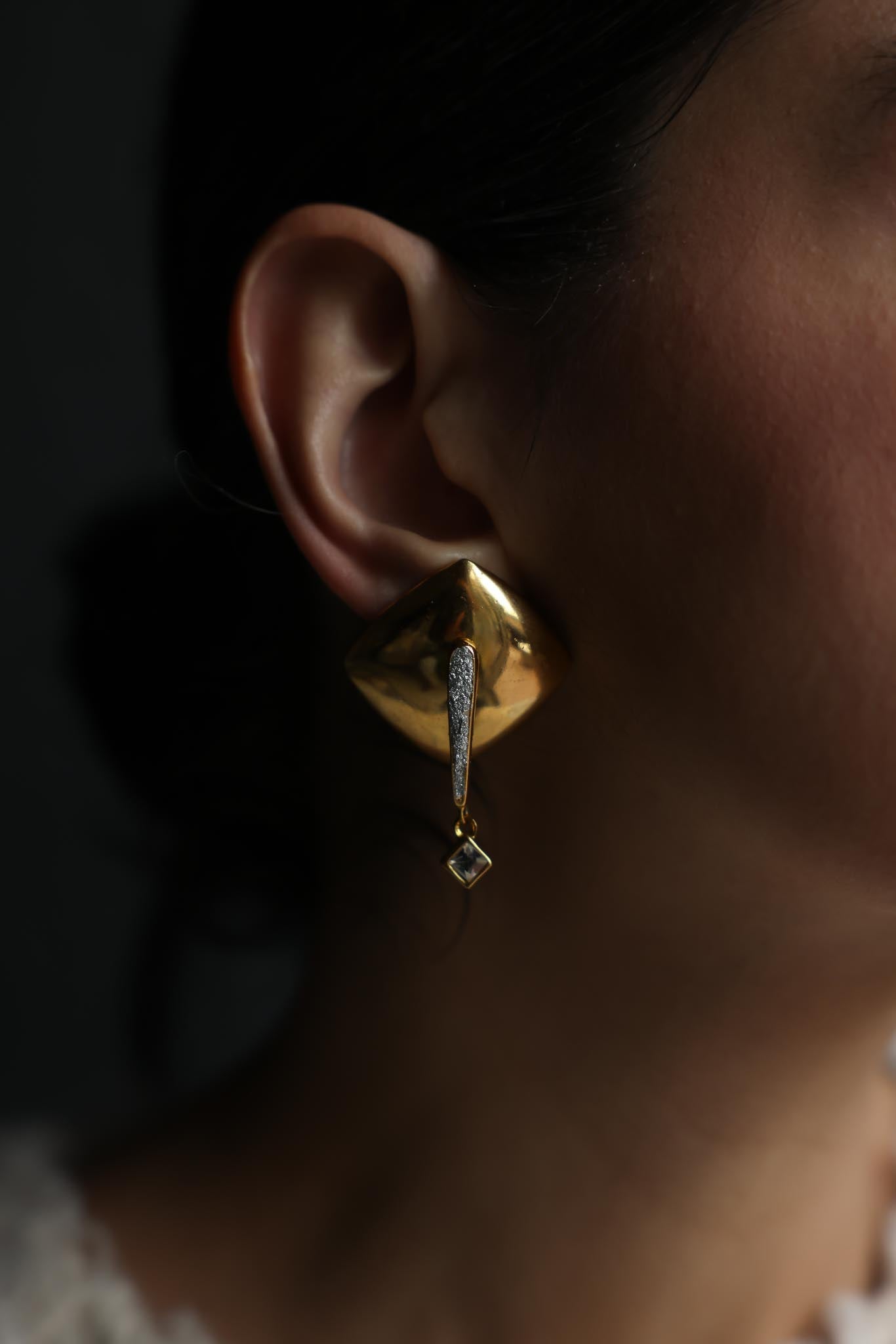 Gold-Tone Drop Clip-On Earrings with Rhinestone Accent-1960s