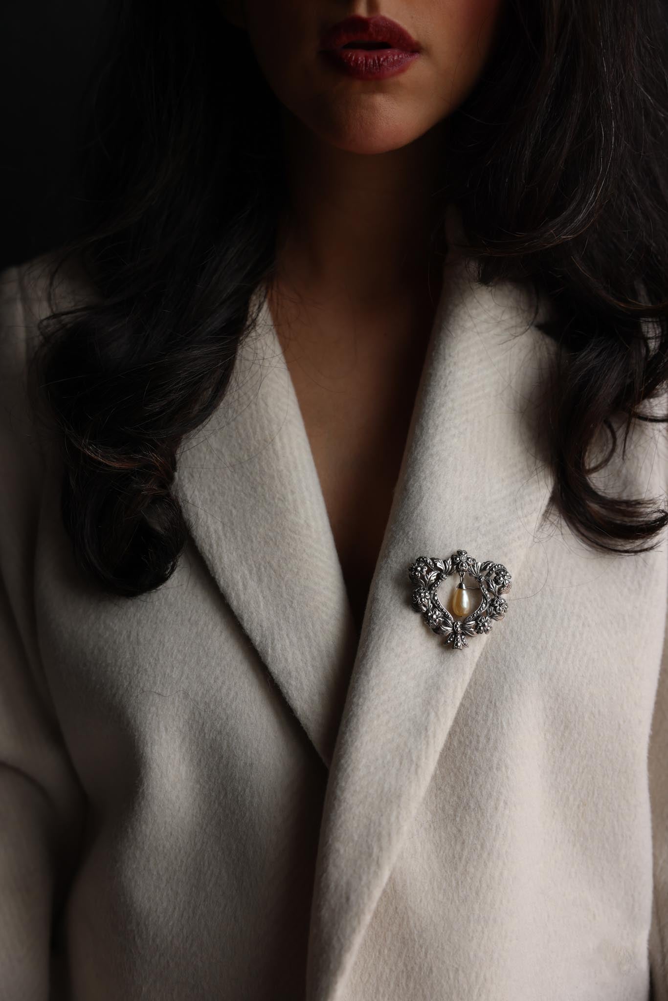 Floral Silver Pearl Brooch