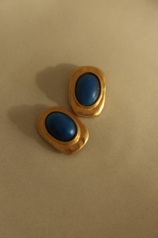 Matte Gold & Blue Cabochon Clip-On Earrings-1960s