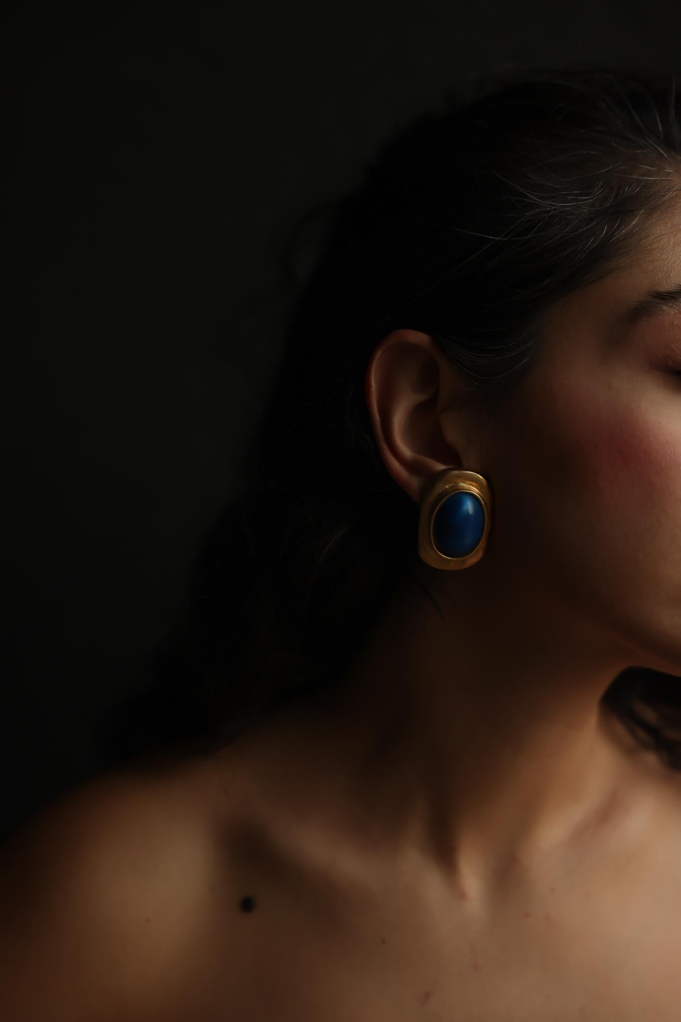 Matte Gold & Blue Cabochon Clip-On Earrings-1960s