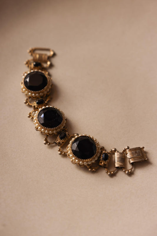 Baroque Revival Bracelet with Black Centers and Faux Pearls|Vintage Baazaar 