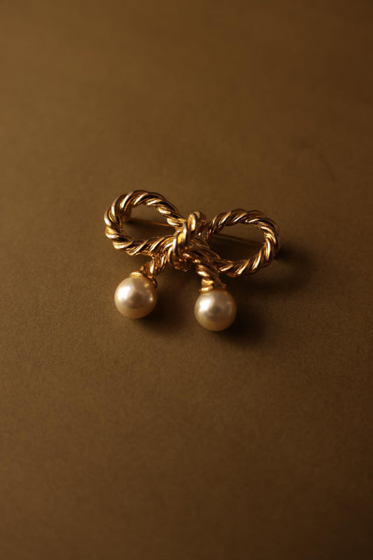 Gold Bow Brooch with Faux Pearl Drops|Vintage Baazaar 