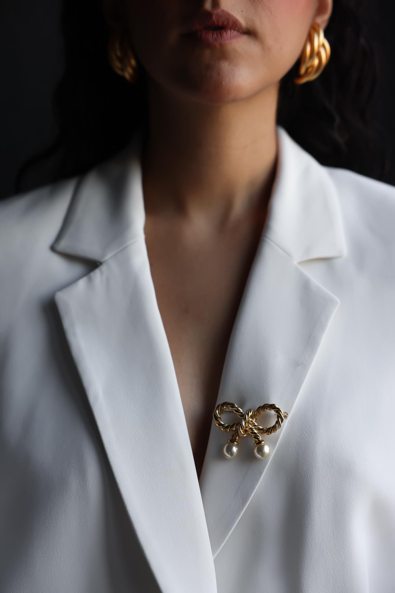Gold Bow Brooch with Faux Pearl Drops|Vintage Baazaar 