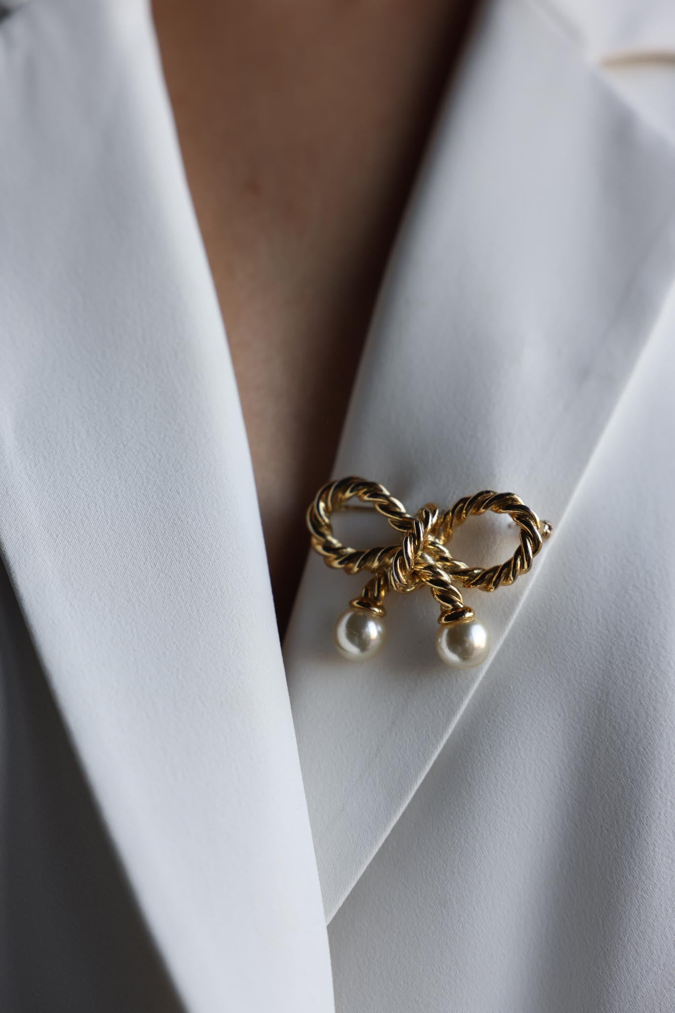 Gold Bow Brooch with Faux Pearl Drops|Vintage Baazaar 