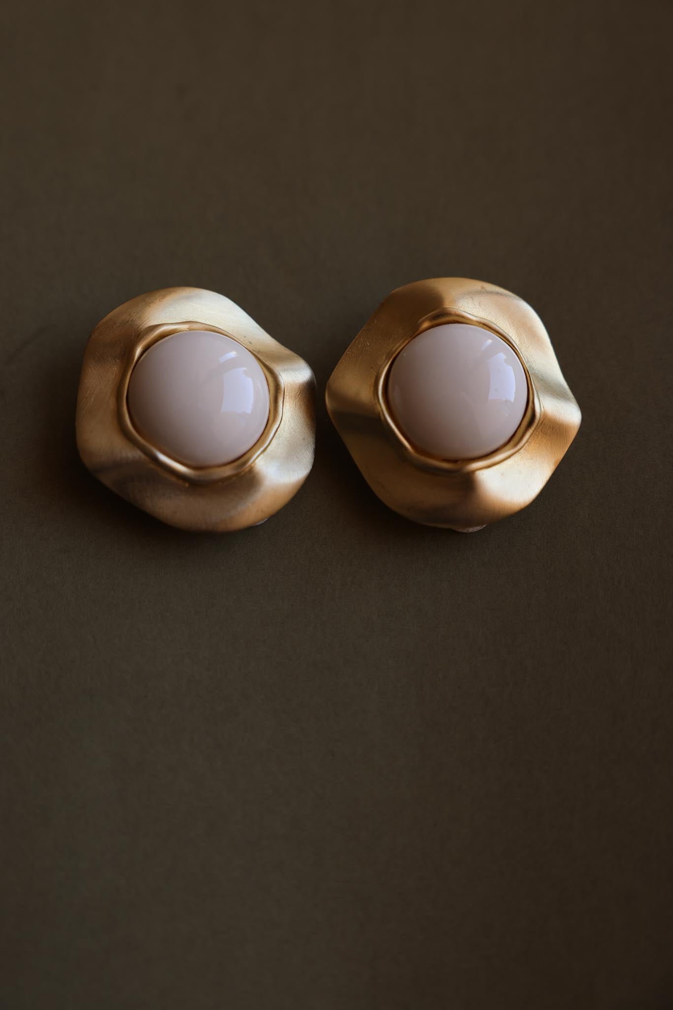 Les Bernard Matte Gold Clip-On Earrings with Ivory Cabochon|Vintage Baazaar 