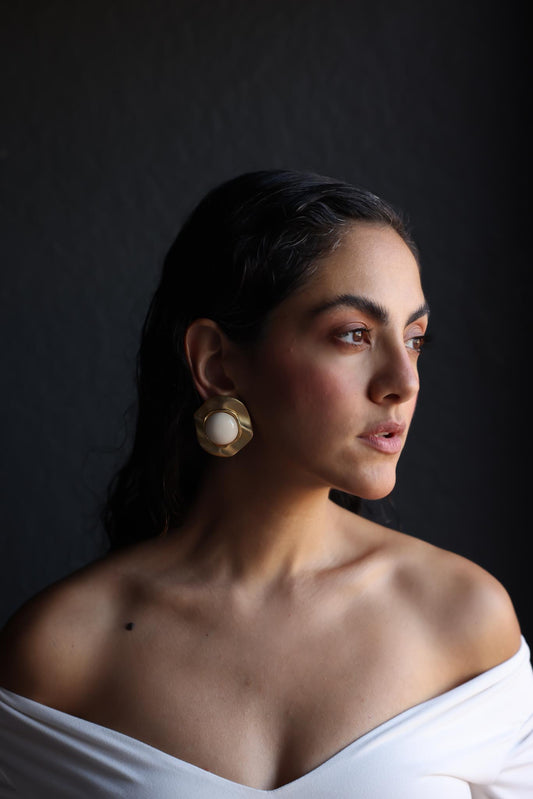 Les Bernard Matte Gold Clip-On Earrings with Ivory Cabochon|Vintage Baazaar 