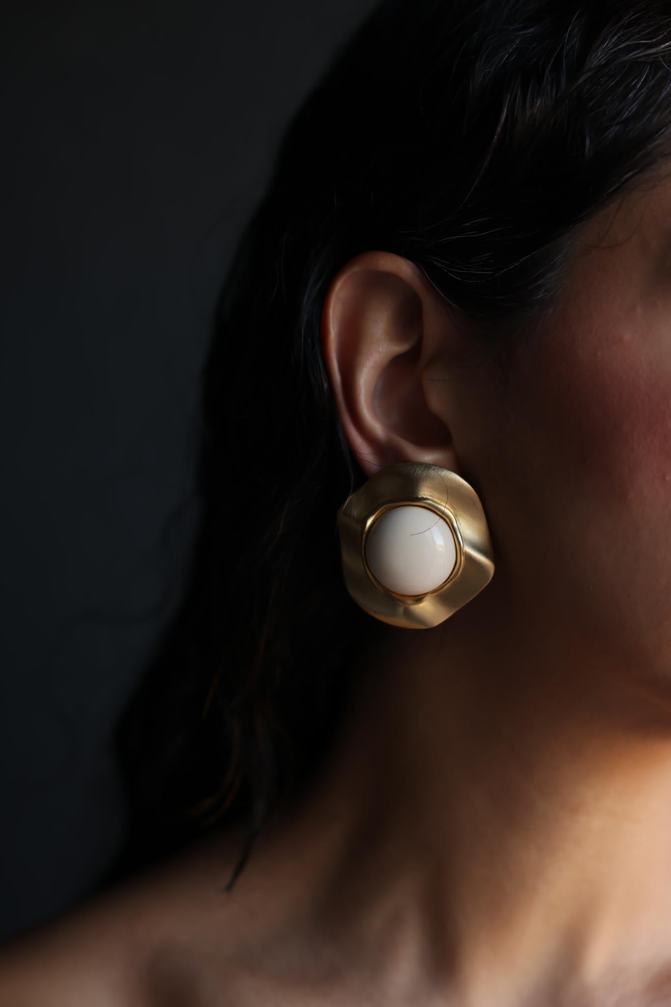 Les Bernard Matte Gold Clip-On Earrings with Ivory Cabochon|Vintage Baazaar 