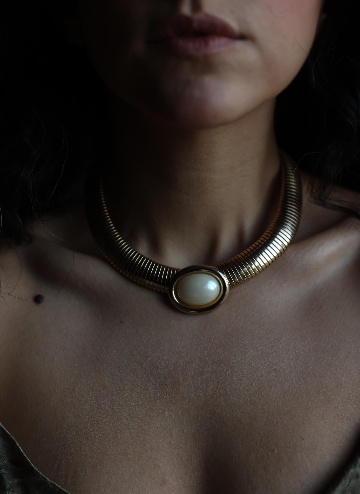 Omega Chain Necklace with Faux Pearl Accent|Vintage Baazaar 