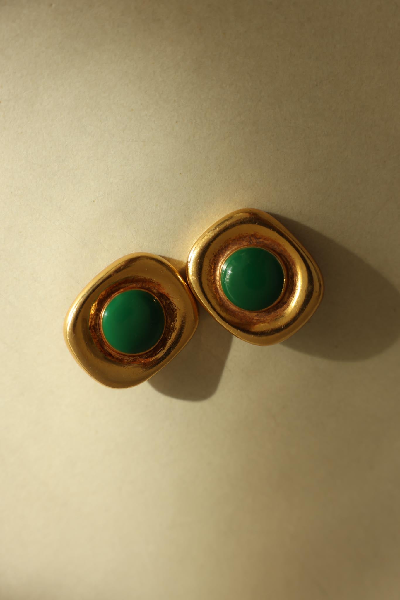 Gold And Green Cabochon Clip-On Earrings