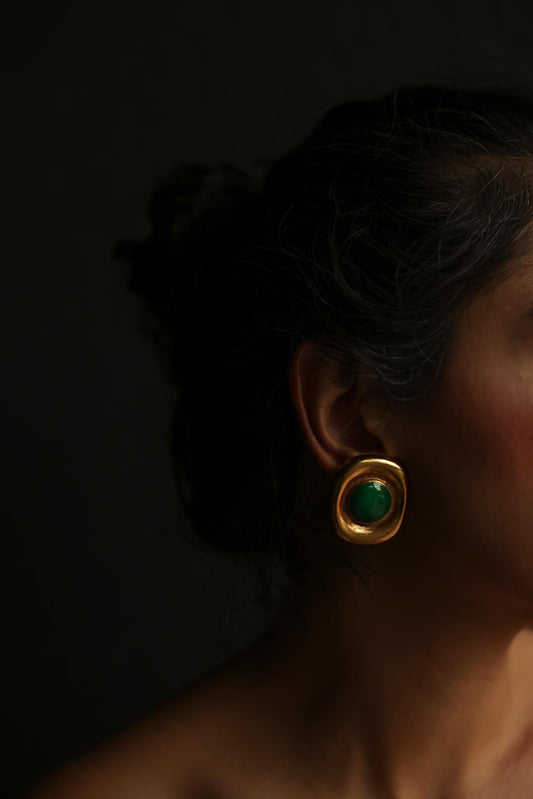 Gold And Green Cabochon Clip-On Earrings